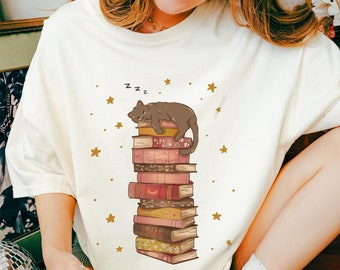T-shirt chat livresques fantastique, couleurs confortables, chemise de lecture confortable, liseuse romantique