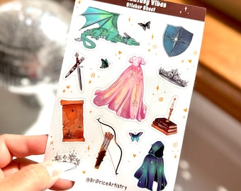 May include: A sticker sheet titled Romantasy Vibes Sticker Sheet featuring illustrations of a green dragon, a blue shield, a sword, a pink gown, a crown, a map, a bow and arrow, a candle on books, and a dark hooded cloak with @BriPriceArtistry text.