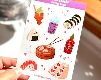 May include: A sticker sheet titled Asian Snacks Sticker Sheet featuring illustrations of a green taiyaki, boba tea, sushi rolls, onigiri, dumplings in a steamer, hot sauce, nigiri, and a fruit sandwich, with the text @BriPriceArtistry at the bottom.