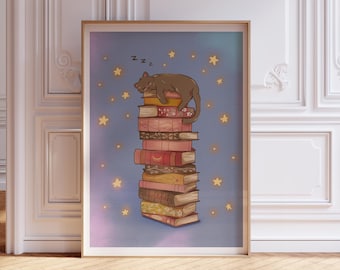 Cute Bookish Cat Illustration, Art Print, Fantasy Reader Art