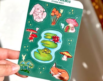 Cute Forest Friends Sticker Sheet, CottageCore Sticker Sheet, Planner Stationery, Mushroom Stickers