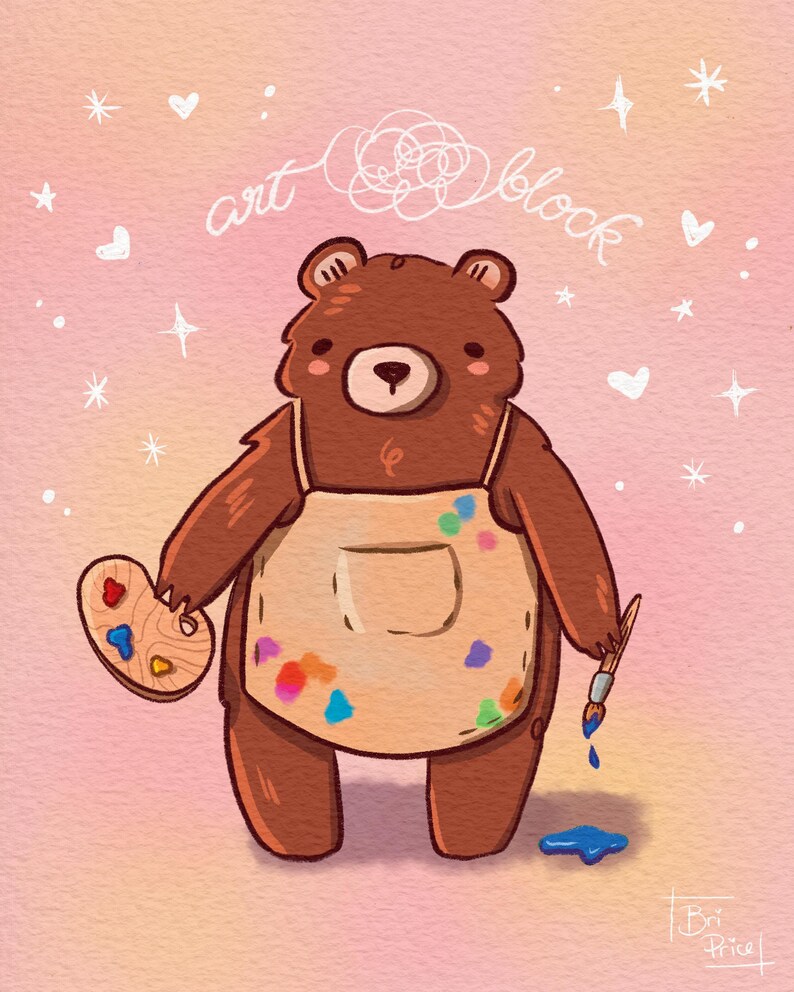 May include: A brown bear wearing a tan apron with colorful paint splatters and holding a wooden paint palette and a paintbrush with blue paint dripping from it. The bear has a confused expression and the words "art block" are written above it.