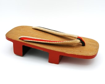 Antique Japanese Geta Sandal – Red Lacquer, Woven Fabric Strap