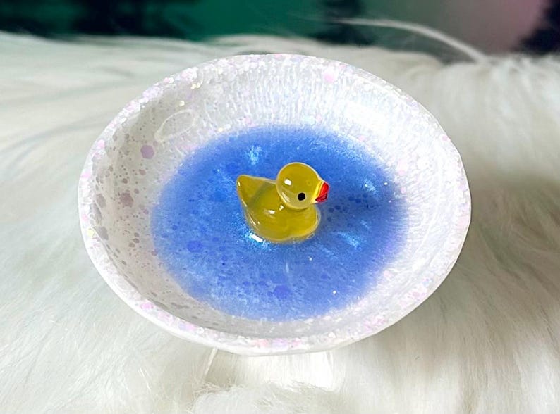 Duck Pond Mini Ring Dish / Rubber Duckie Ring Dish / Ring Bowl / Handmade Home Decor / Jewelry Display / Trinket Dish / Cottage Core White/Yellow Duck
