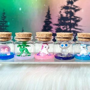 Può includere: Sei piccoli barattoli di vetro con tappi di sughero, ognuno riempito con un liquido di colore diverso e una statuetta in miniatura. Le statuine includono una sirena, un drago, un unicorno, un orso e altri due unicorni.
