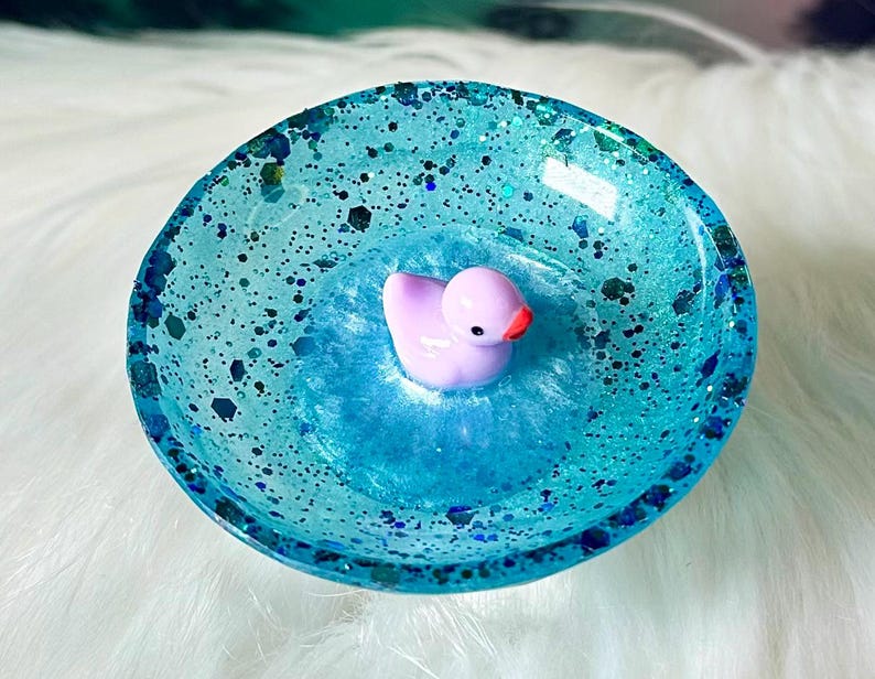 Duck Pond Mini Ring Dish / Rubber Duckie Ring Dish / Ring Bowl / Handmade Home Decor / Jewelry Display / Trinket Dish / Cottage Core Teal/Purple Duck