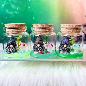 May include: Three glass jars with cork lids, each containing a miniature gnome figurine, mushrooms, and greenery. The gnomes wear striped shirts and hats. The jars sit on a clear tray against a blurred, colorful background.