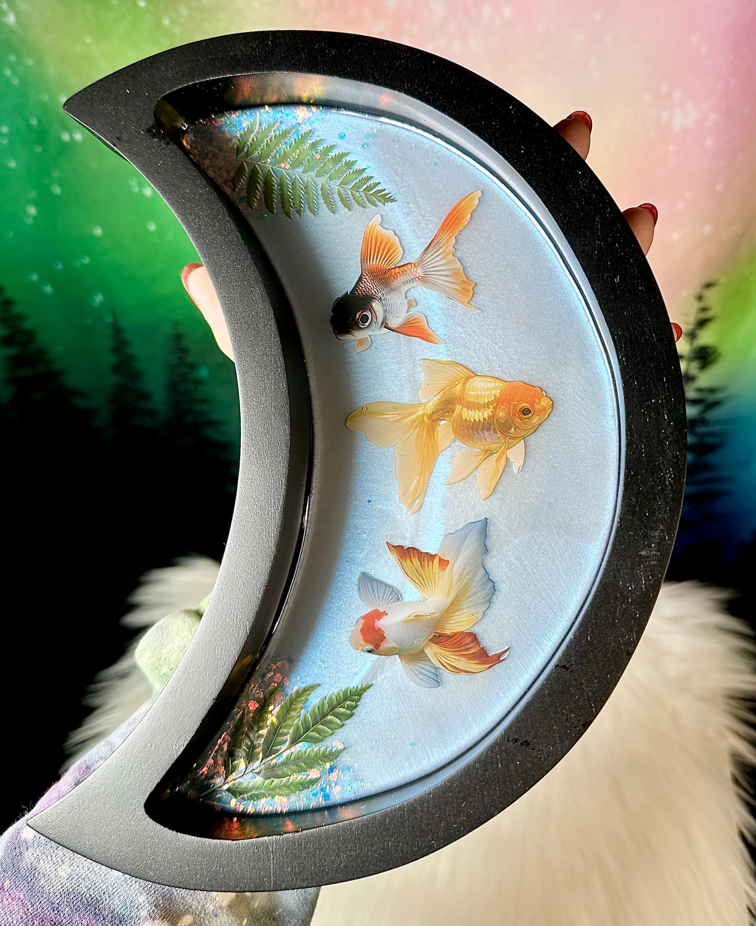 Photo inspiration: Decorative Goldfish Aquarium Bowl Reference: Goldfish Moon Tray Mango Wood Black Wooden Moon Bowl Handmade