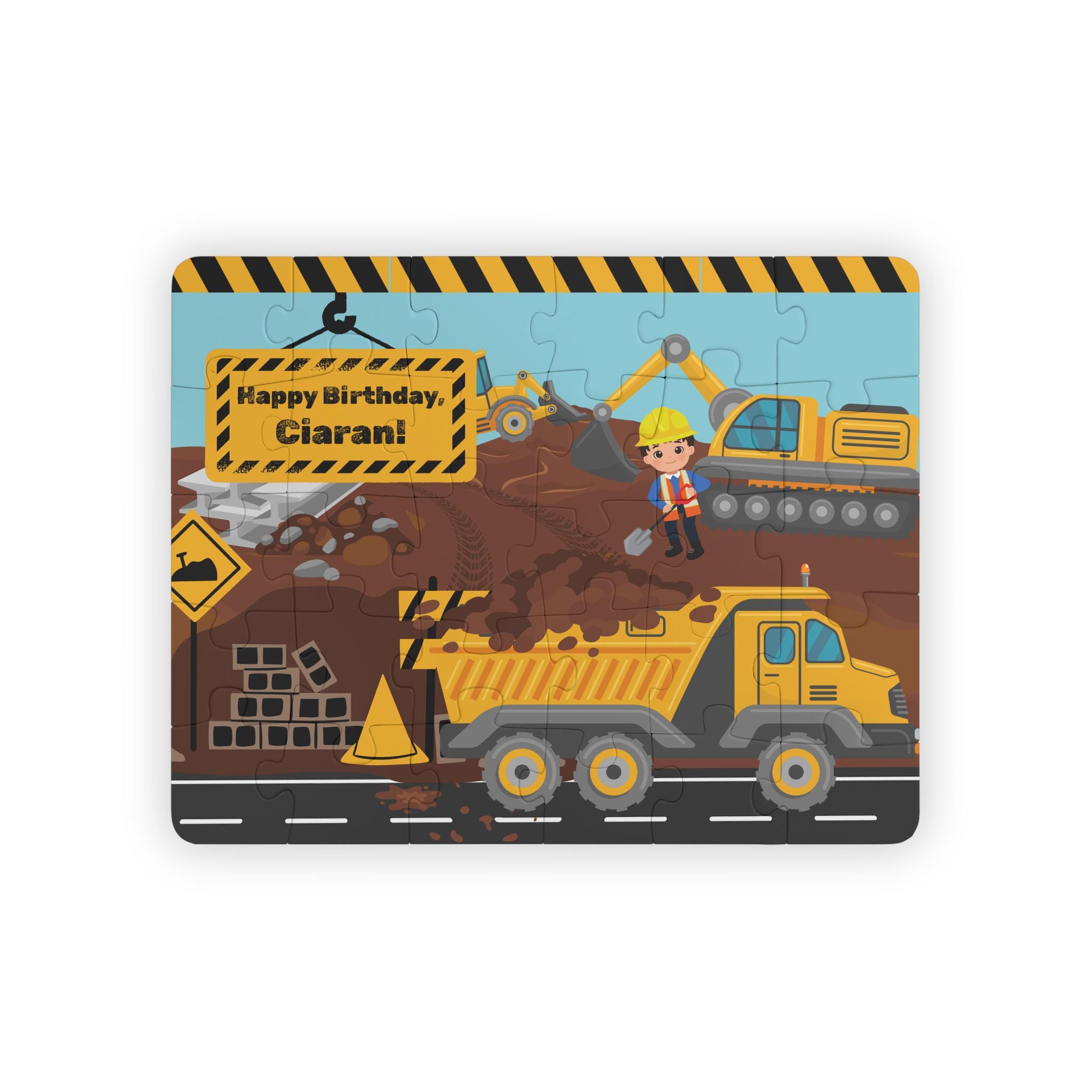 Kids' Puzzle, Construction Birthday 30-Piece Jigsaw Game, Children's Toy, Personalized Puzzle Gift, Building Site Theme, Gift Idea