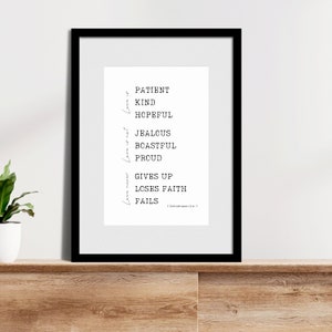 Bible Verse Wall Art | Bible Verse Printable | Printable Wall Art | Love is...| I Cor 13 Print | Scripture Wall Art | Simple Bible Verse Art