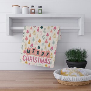 Retro Merry Christmas Kitchen Towel | Festive Kitchen Towel | Gift Towel | Holiday Decor | Decorative Towel | Pinks Christmas Tree Towel