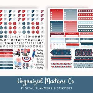 Puede incluir: Un conjunto de pegatinas digitales para planificadores con un esquema de color rojo, blanco y azul con estrellas, rayas, fuegos artificiales y el texto "Julio" y "Cuatro de julio".