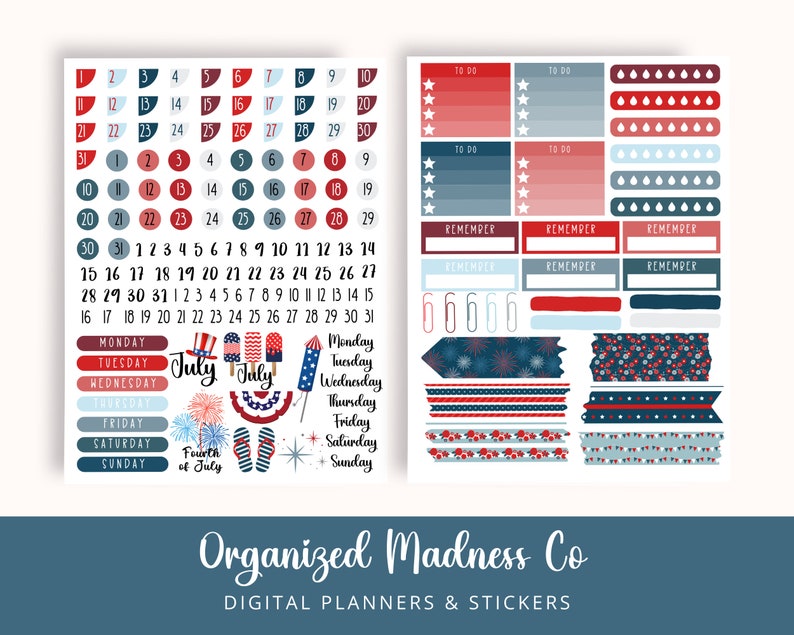 Puede incluir: Un conjunto de pegatinas digitales para planificadores con un esquema de color rojo, blanco y azul con estrellas, rayas, fuegos artificiales y el texto "Julio" y "Cuatro de julio".