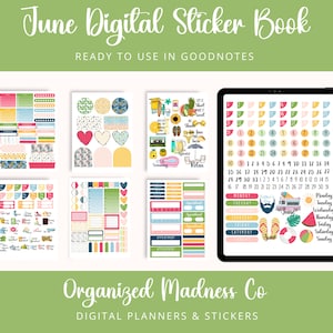 June Digital Planner Stickers | Sticker Book GoodNotes File | Pre-Cropped Stickers | Summer Planner Stickers | Transparent PNGs