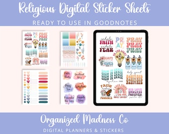 Hojas de pegatinas digitales inspiradas en la fe / Pegatinas religiosas GoodNotes precortadas / Pegatinas digitales del diario bíblico / Imágenes prediseñadas cristianas PNG