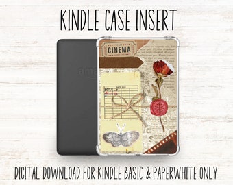 May include: A digital download for a Kindle case insert featuring a vintage aesthetic with a red rose, a butterfly, a ticket that says "Tracy's Cinema", and a piece of paper with "Date Due" written on it.