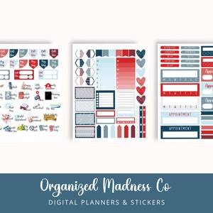 Puede incluir: Tres hojas de pegatinas para planificadores digitales en rojo, blanco y azul con varios dise&ntilde;os, incluyendo corazones, estrellas, banderas y formas geom&eacute;tricas. Las pegatinas son para usar en un planificador digital.