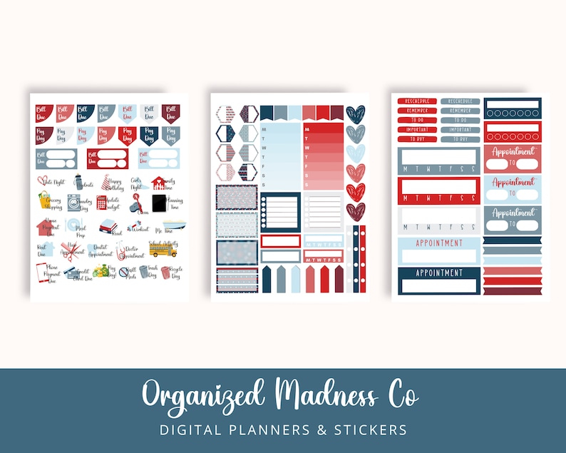 Puede incluir: Tres hojas de pegatinas para planificadores digitales en rojo, blanco y azul con varios dise&ntilde;os, incluyendo corazones, estrellas, banderas y formas geom&eacute;tricas. Las pegatinas son para usar en un planificador digital.