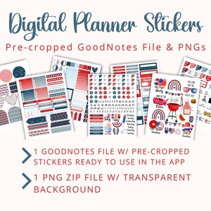 Puede incluir: Pegatinas digitales para planificador con un tema patri&oacute;tico rojo, blanco y azul. Las pegatinas incluyen una variedad de dise&ntilde;os, como estrellas, rayas, fuegos artificiales y banderas. Las pegatinas est&aacute;n precortadas y listas para usar en la aplicaci&oacute;n GoodNotes.