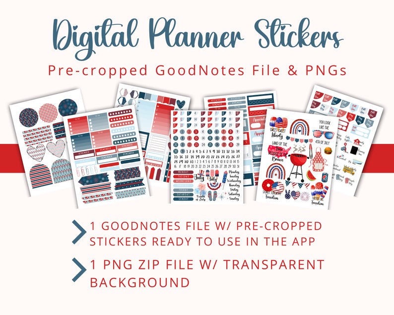 Puede incluir: Pegatinas digitales para planificador con un tema patri&oacute;tico rojo, blanco y azul. Las pegatinas incluyen una variedad de dise&ntilde;os, como estrellas, rayas, fuegos artificiales y banderas. Las pegatinas est&aacute;n precortadas y listas para usar en la aplicaci&oacute;n GoodNotes.
