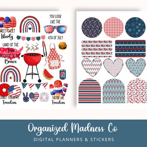 Puede incluir: Un conjunto de pegatinas digitales para planificadores con dise&ntilde;os rojo, blanco y azul con temas patri&oacute;ticos. Las pegatinas incluyen im&aacute;genes de fuegos artificiales, una parrilla, una sand&iacute;a, una dona, un coraz&oacute;n y un arco&iacute;ris. El texto "Sweet Sweet Liberty", "Land of the Free Because of the Brave", "Donut Touch My Freedom" y "Tastes Like Freedom" est&aacute; incluido en las pegatinas.
