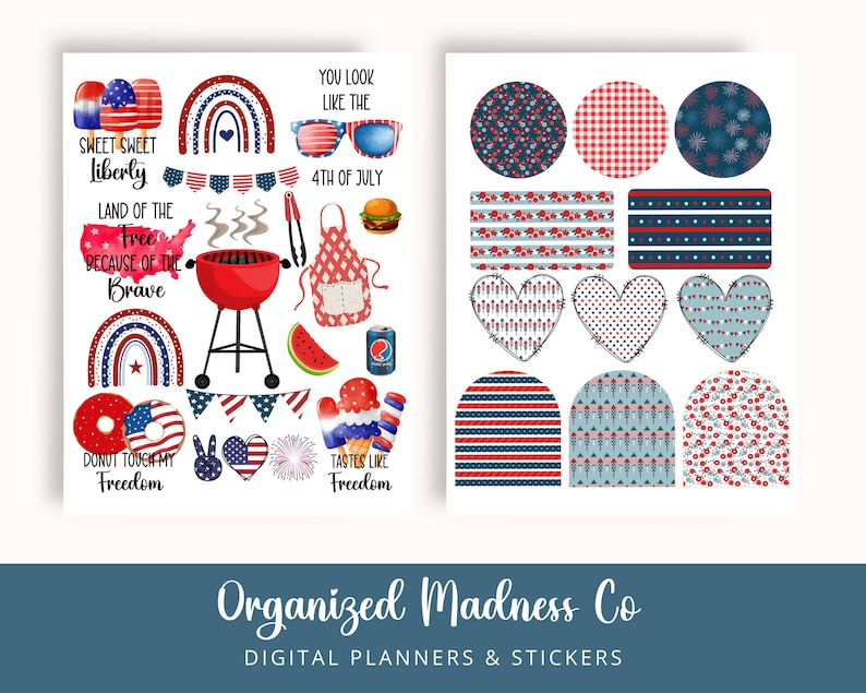 Puede incluir: Un conjunto de pegatinas digitales para planificadores con dise&ntilde;os rojo, blanco y azul con temas patri&oacute;ticos. Las pegatinas incluyen im&aacute;genes de fuegos artificiales, una parrilla, una sand&iacute;a, una dona, un coraz&oacute;n y un arco&iacute;ris. El texto "Sweet Sweet Liberty", "Land of the Free Because of the Brave", "Donut Touch My Freedom" y "Tastes Like Freedom" est&aacute; incluido en las pegatinas.