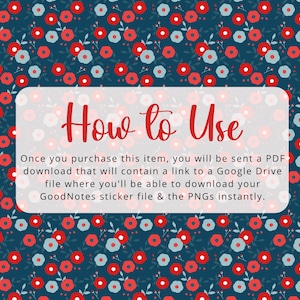 Puede incluir: Una caja blanca con un borde rojo y el texto "How to Use" en rojo. El texto debajo explica c&oacute;mo descargar un archivo PDF que contiene un enlace a un archivo de Google Drive con archivos de pegatinas GoodNotes y PNG.