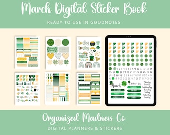 Pegatinas del planificador digital de marzo / Hojas de pegatinas GoodNotes precortadas / PNG del Día de San Patricio / Libro de pegatinas digitales / GoodNotes navideños