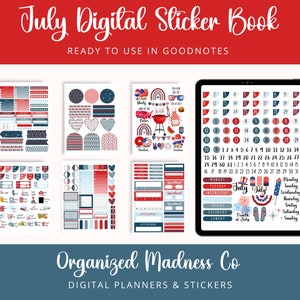 July Digital Planner Stickers | 4th of July Sticker Book GoodNotes File | Pre-Cropped Stickers | Summer Planner Stickers | Transparent PNGs