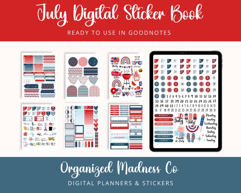 Puede incluir: Un libro de pegatinas digitales para la aplicaci&oacute;n Goodnotes con tem&aacute;tica de julio. Las pegatinas presentan colores rojo, blanco y azul con dise&ntilde;os patri&oacute;ticos, incluyendo fuegos artificiales, estrellas y rayas. El libro incluye un calendario, c&iacute;rculos numerados y varias otras pegatinas.