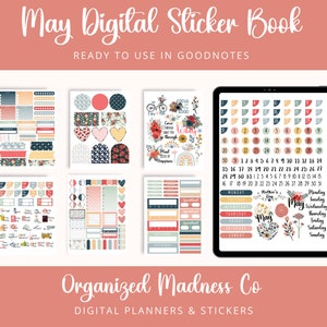 Mei digitale planner stickers | Stickerboek GoodNotes-bestand | Voorgesneden stickers | Bloemenplannerstickers | Transparante PNG&#39;s | Lente