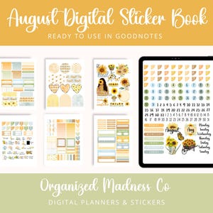 August Digital Planner Stickers | Sunflower Sticker Book GoodNotes File | Pre-Cropped Stickers | Summer Planner Stickers | Transparent PNGs