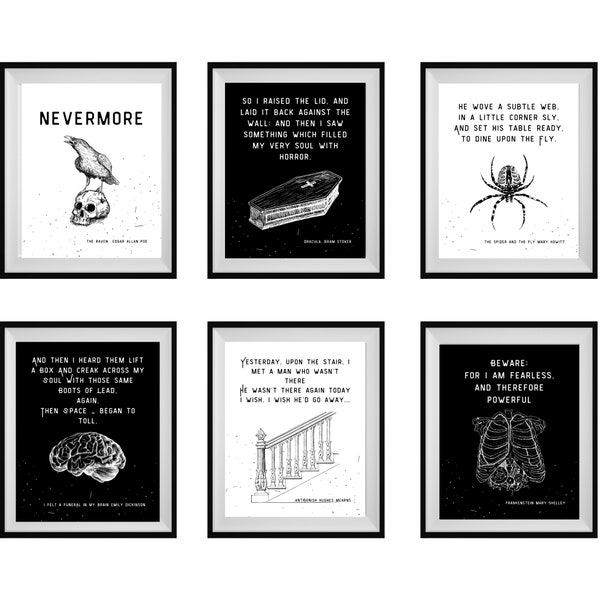 Halloween Prints BUNDLE, Halloween Literature Quotes, Vintage Halloween Wall Art, Gothic Decor, Halloween Wall Art, Black & White Wall Art