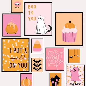 Pink and Orange Halloween Print Bundle, Cute Halloween Wall Art, 12 Cute Halloween Printables, Hey Boo Print, Ghost Print, Pumpkin Print