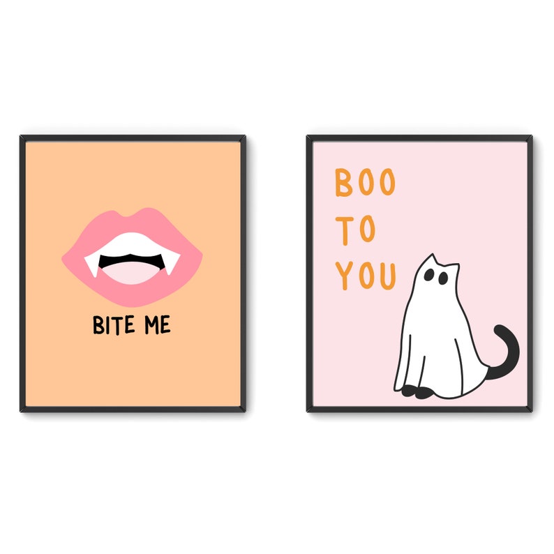 Pink and Orange Halloween Print Bundle, Cute Halloween Wall Art, 12