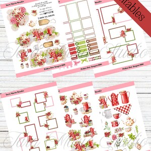 May include: Printable planner stickers featuring a red and white teapot, cups, and other tea-themed illustrations. The stickers are designed with a polka dot pattern and floral accents. The text "A cup of tea would restore my normality" is included on one of the stickers.