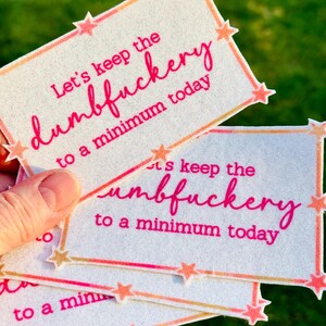 May include: Rectangular white stickers with a glittery texture, featuring a pink border decorated with small stars. The text in pink script and block letters reads: Let's keep the dumbfuckery to a minimum today. The stickers have a light-catching finish.