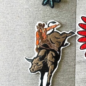 May include: Embroidered patch of a cowboy riding a brown and black bull. The cowboy is wearing a brown hat and orange shirt. The bull is bucking and has a white outline.