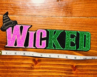 Wicked Movie Iron On Patch: Pink and Green Glitter Embroidery