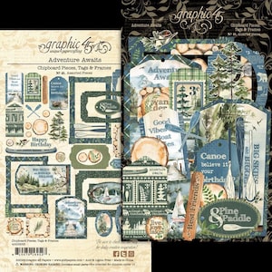May include: A set of Graphic 45 Adventure Awaits chipboard pieces, tags, and frames featuring outdoor themes. The collection includes illustrations of canoes, pine trees, lakes, and wooden textures with text like Adventure Awaits and Best Friends.