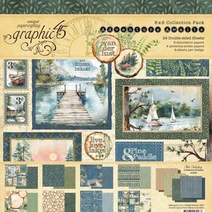 May include: A Graphic 45 Adventure Awaits 8x8 collection pack featuring 24 double-sided sheets with nature-themed illustrations, including a wooden dock on a lake, sailboats, pine trees, and text elements like Wanderlust and Bigger Dreams.
