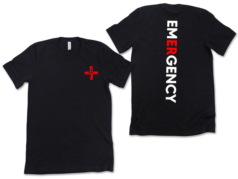 May include: Black t-shirt with a red medical cross on the front and the word "EMERGENCY" in white letters down the back.