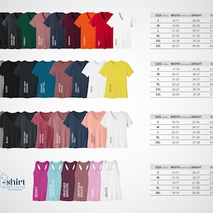 May include: A chart displaying various colours and sizes of t-shirts, tank tops, and v-neck shirts. The chart includes measurements for width, length, and ounces. The colours include black, white, heather grey, forest green, cardinal red, deep teal, heather peach, and more.