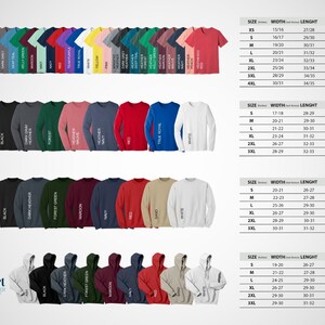 May include: A chart showing different colours and sizes of t-shirts, long-sleeved shirts, sweatshirts, and hooded sweatshirts. The chart includes measurements for width, length, and ounces.