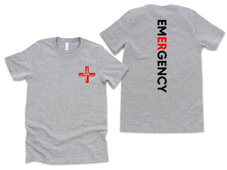May include: Gray t-shirt with a red medical cross on the front and the word "EMERGENCY" in black letters down the back.