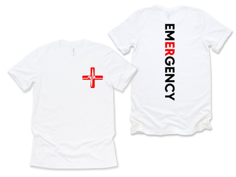 May include: White t-shirt with a red medical cross with a heartbeat graphic on the front and the word "EMERGENCY" vertically down the back.