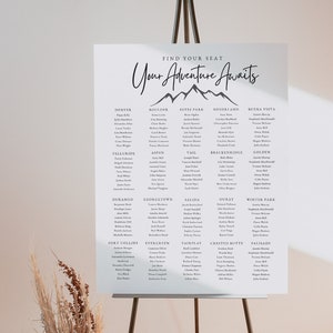Sitzplan für die Berghochzeit | Modernes Schild aus Holz | Sitz | Hochzeit Sitzplatz Große Poster Vorlage | Berghochzeit