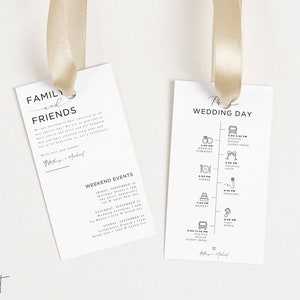 May include: Two white wedding favor tags with black text and icons. The left tag says "Family and Friends" and lists weekend events. The right tag says "The Wedding Day" and lists the wedding day schedule.