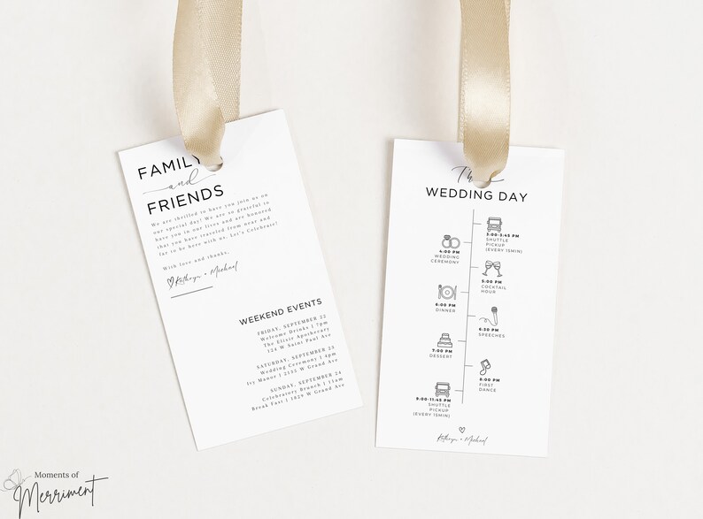 May include: Two white wedding favor tags with black text and icons. The left tag says "Family and Friends" and lists weekend events. The right tag says "The Wedding Day" and lists the wedding day schedule.