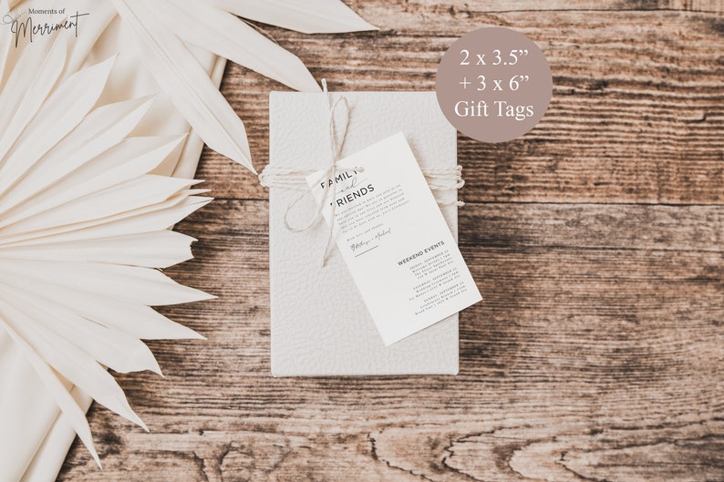 May include: A set of 5 gift tags with a rustic wood background. The tags are white with black text and include the text "Family and Friends" and "Weekend Events". The tags are 2 x 3.5 inches and 3 x 6 inches.